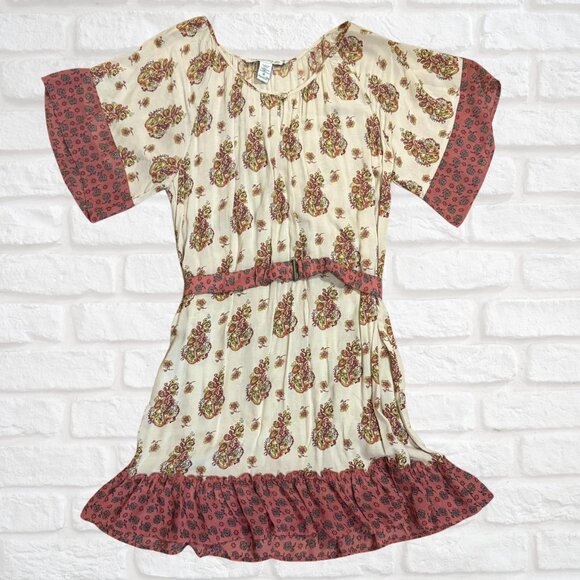American Rag Boho Festival Peasant Mini Dress M Paisley Print Ruffle Hem Belted - Picture 1 of 10